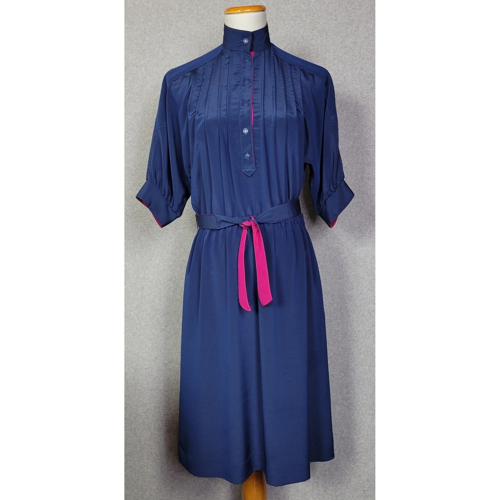 Susan Howard Vintage Navy Blue Fuchsia Pink Pleated Midi Dress Large L